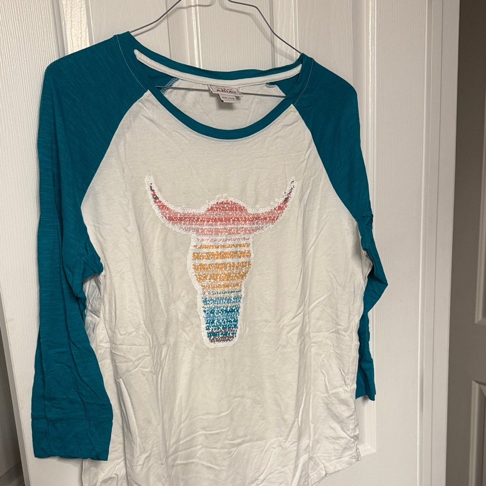 Teal and White Longhorn Graphic Raglan Tee - Dual Design!